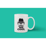 Printed ceramic coffee mug, white and blue design, 11oz