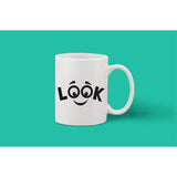 White ceramic coffee mug with look good logo