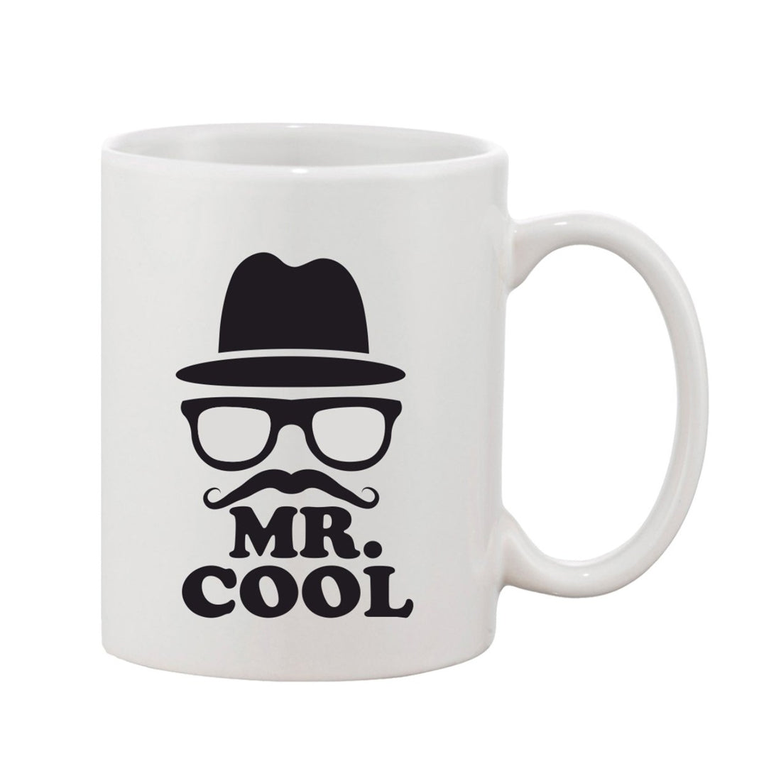 A white ceramic coffee mug with a printed character wearing glasses and a fedora, reading "Mr. Cool" in black text, set against a light background, likely indicating that this is a novelty item or merchandise related to a themed cafe or retro-style coffee shop