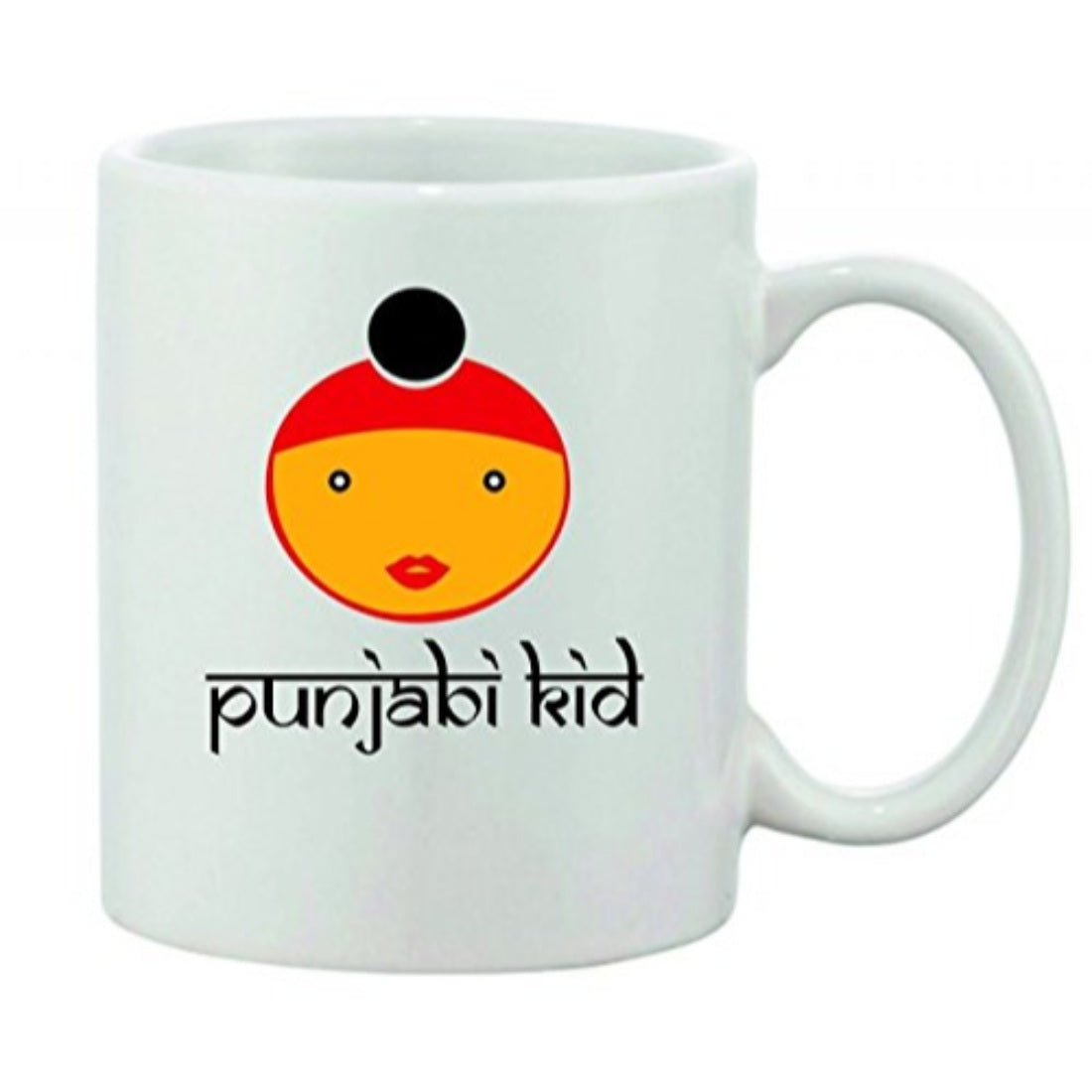White ceramic coffee mug with printed design and handle