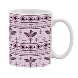 White ceramic coffee mug with printed pattern and 11 oz capacity