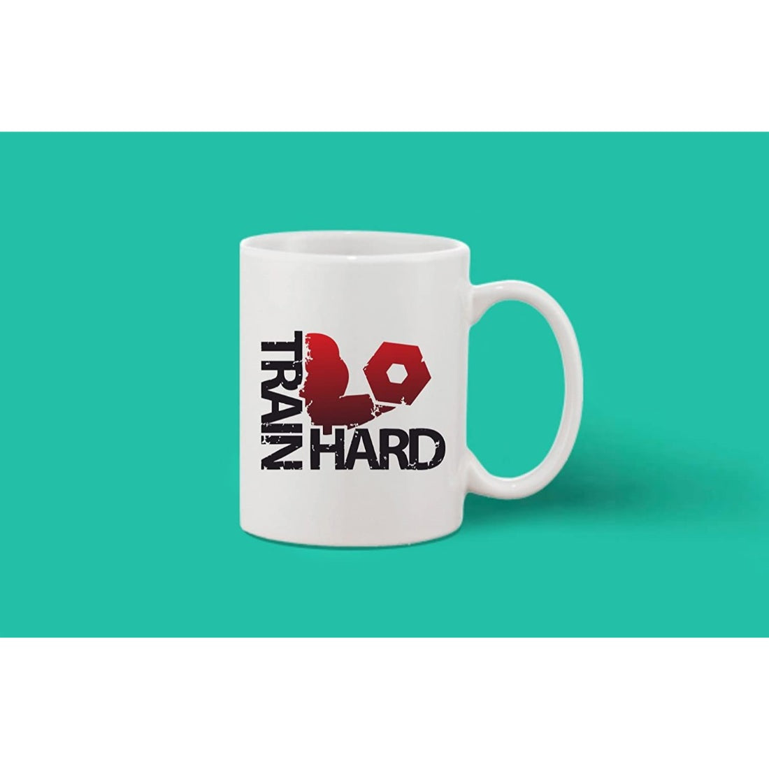 Ceramic coffee mug with red and black design and white handle, 11oz