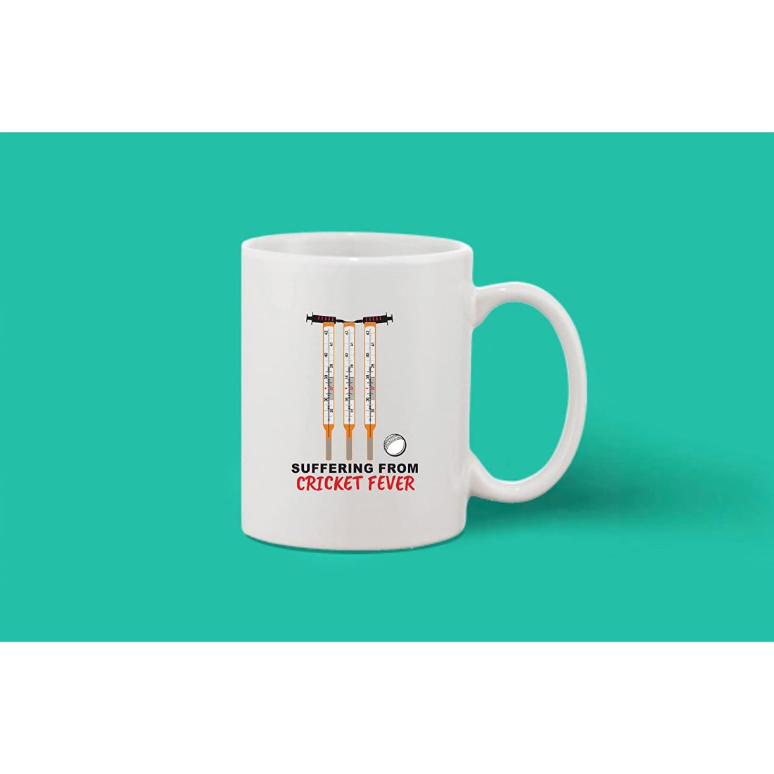 White ceramic coffee mug with printed cricket fever design