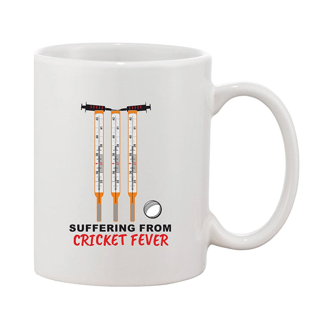 White ceramic coffee mug with a printed design, holding what appears to be a beer, featuring text including "SUPER FAN FROM CRICKET FEVER" and displaying cricket fever related items
