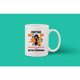 Printed coffee mug with design and text, white ceramic material, standard size for 11 oz beverage