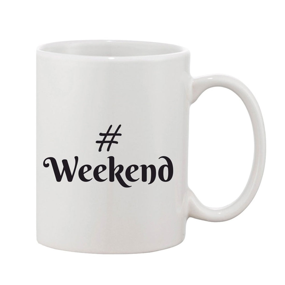 Printed ceramic coffee mug with the words 'weekend' and '#7' in black lettering, white ceramic with handle