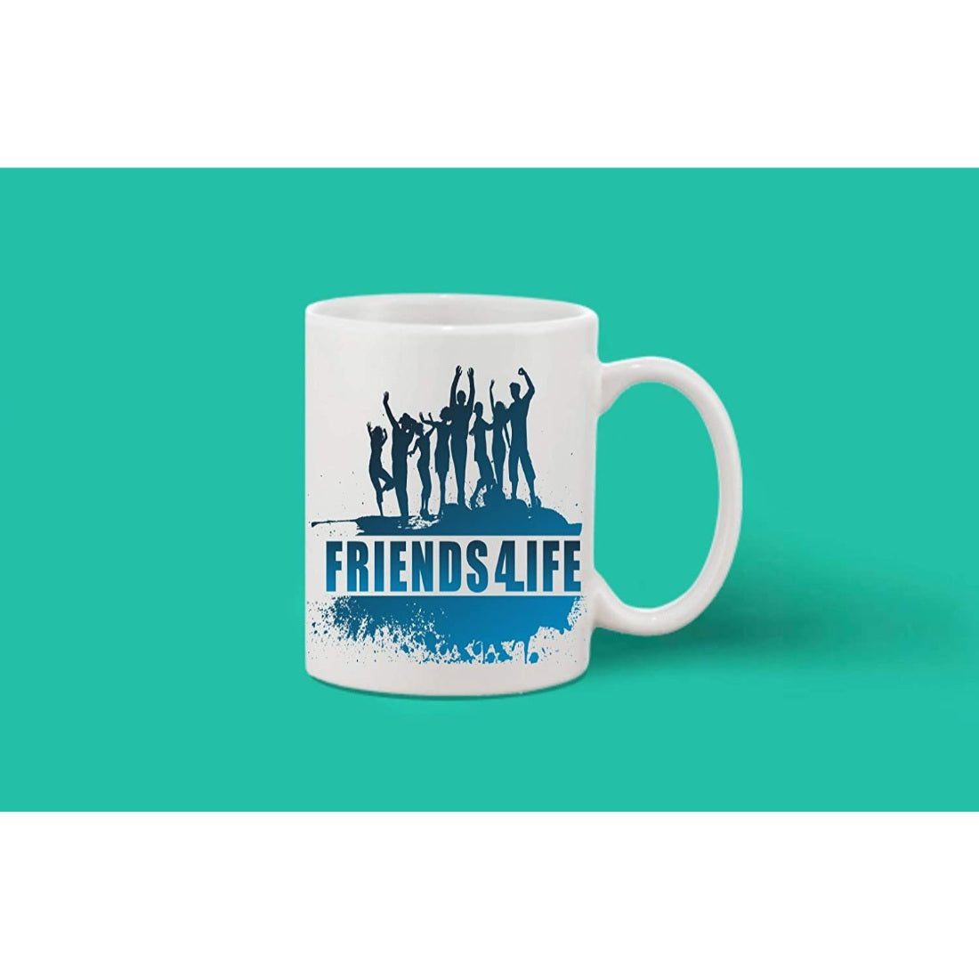 Ceramic coffee mug with white handle and printed design, 11 oz capacity