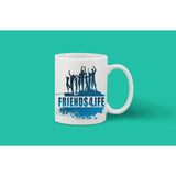 Ceramic coffee mug with white handle and printed design, 11 oz capacity