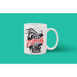 Printed ceramic coffee mug with red and black graphic and white handle