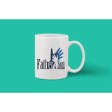 White ceramic coffee mug with printed design, holding a symbol indicating fatherhood