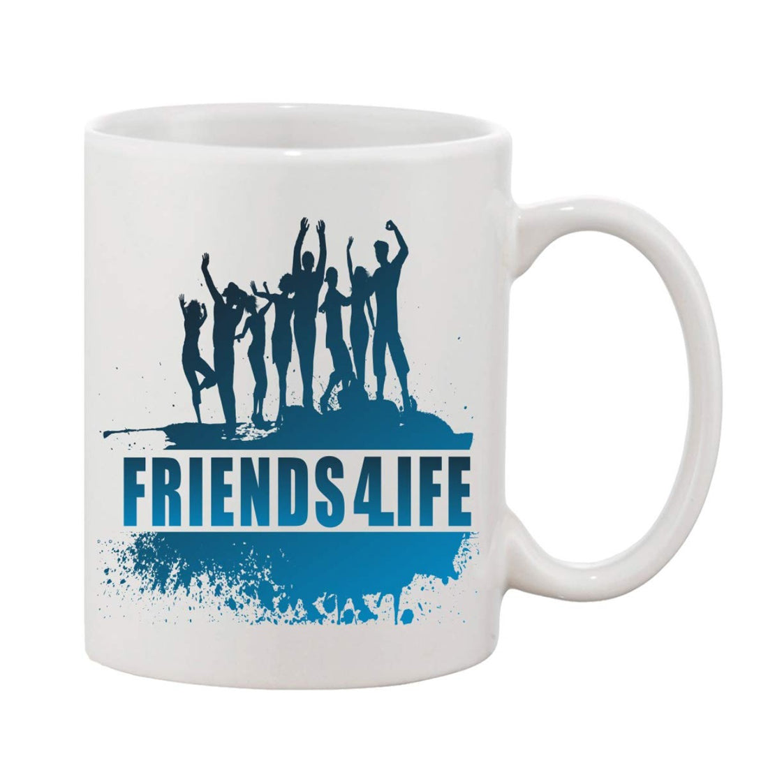 White ceramic coffee mug with a black and blue Friends Life design