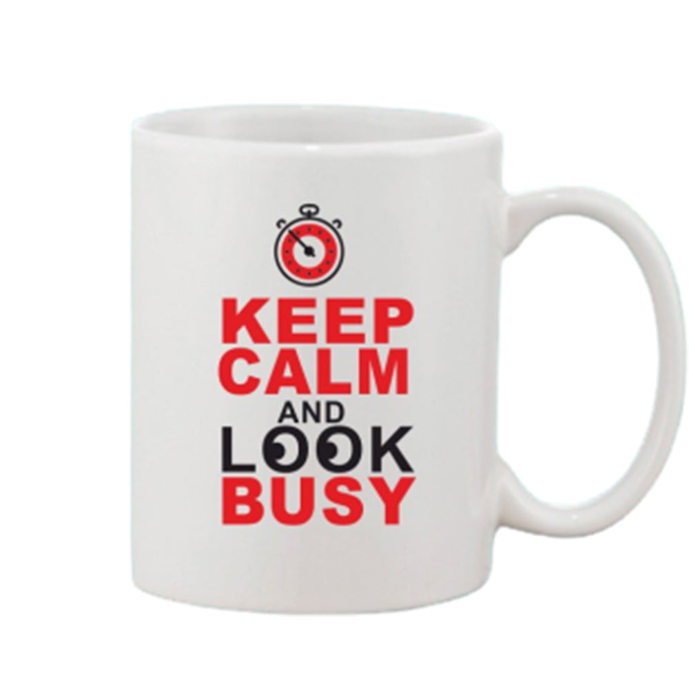 Printed coffee mug with red and white design, saying 'keep calm and look busy