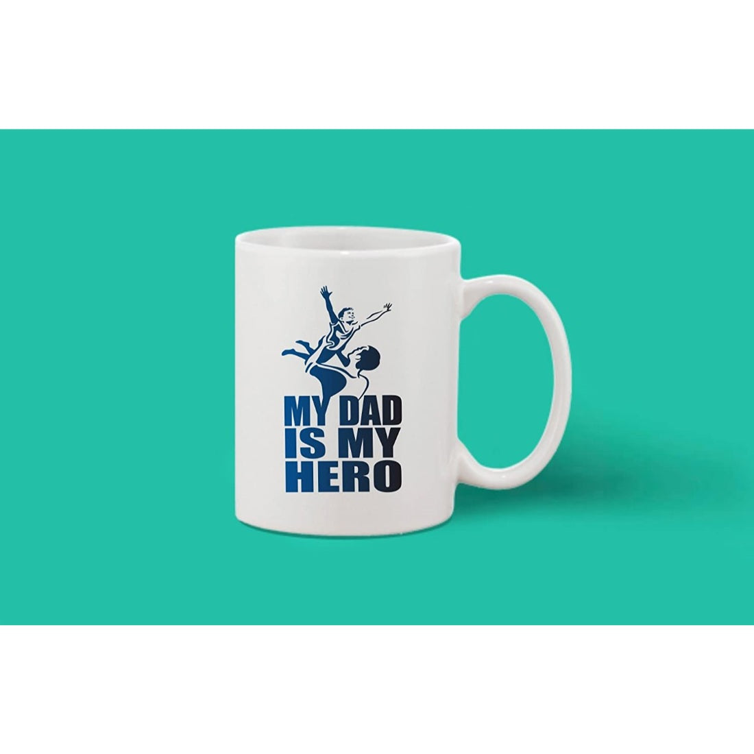 White ceramic coffee mug with a printed design of a phrase and an illustrated figure