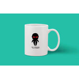 White ceramic coffee mug with black printed design, 11 oz