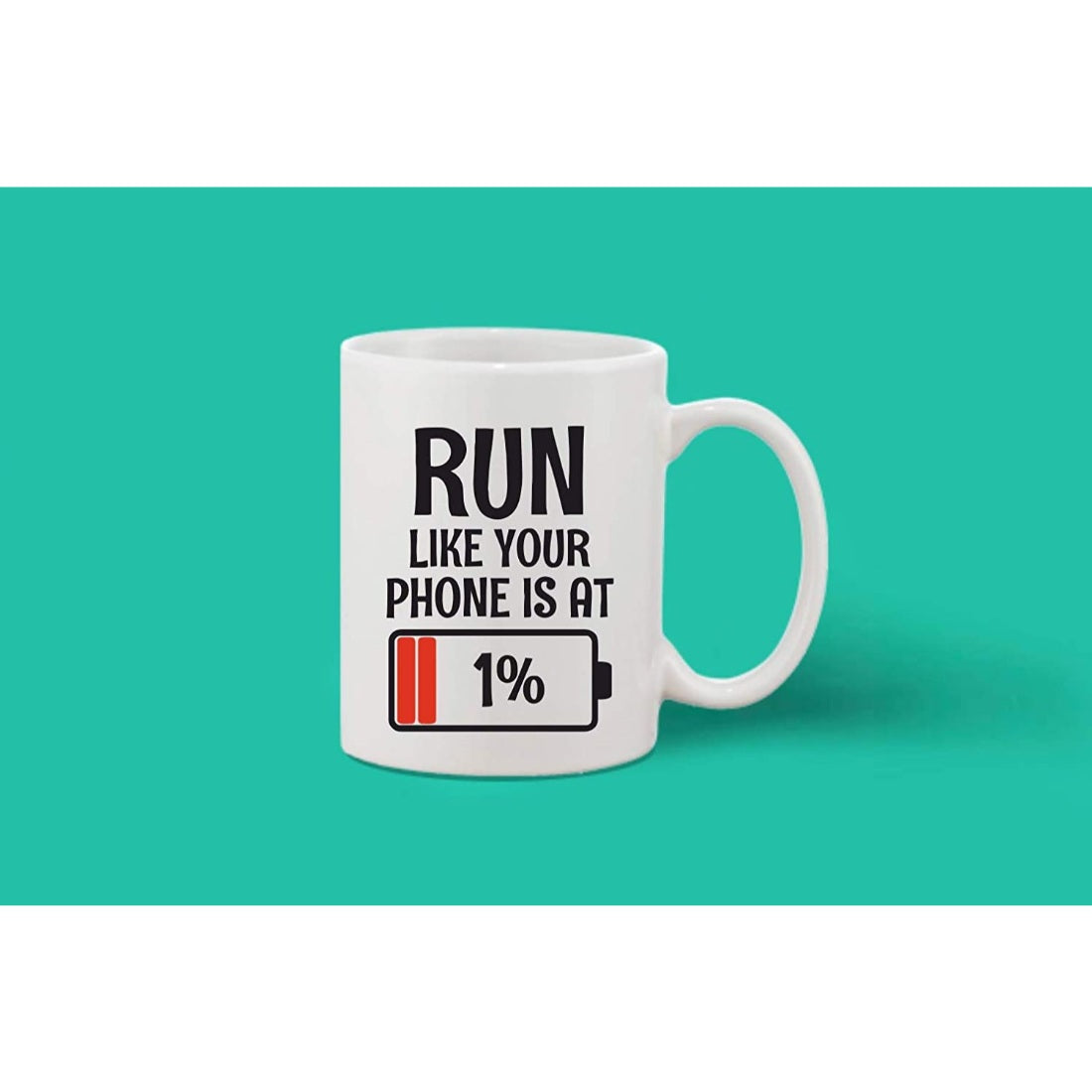 White ceramic coffee mug with black print and battery symbol