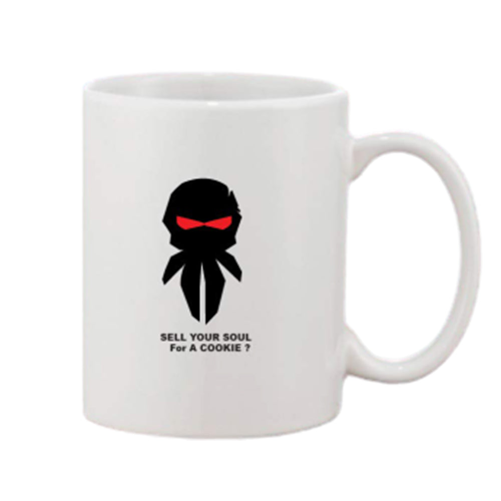 A white coffee mug with a printed graphic of a cartoon dog wearing a cape, inside is written 'Selling Soul For A Cookie