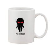 A white coffee mug with a printed graphic of a cartoon dog wearing a cape, inside is written 'Selling Soul For A Cookie