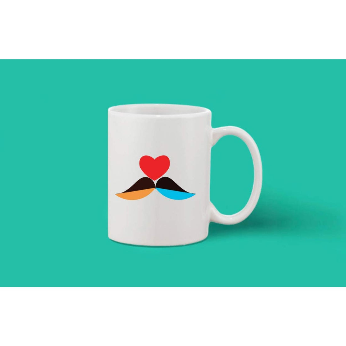 A white ceramic coffee mug with a heart design on it and an included handle