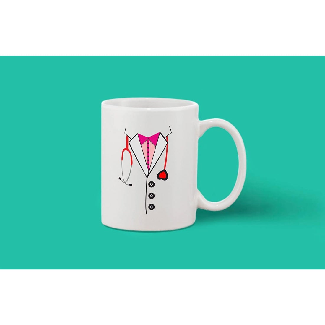 White ceramic coffee mug with printed design