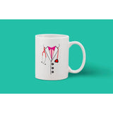 White ceramic coffee mug with printed design