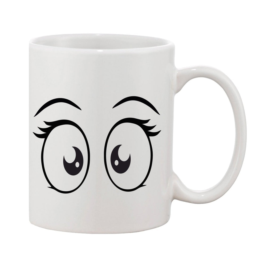 Printed ceramic coffee mug with white handle, 11oz, features a cartoon face design