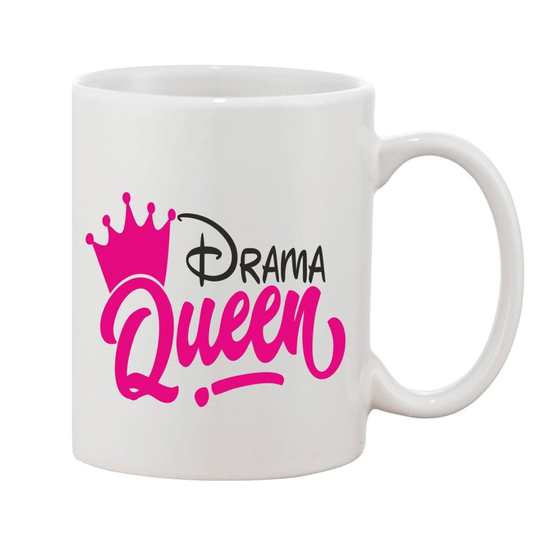 Ceramic coffee mug with white background and pink 'Drama Queen' text, featuring a crown symbol and a Disney logo