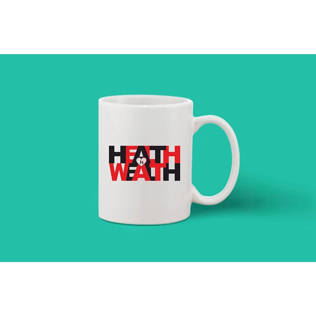 White ceramic coffee mug with black lettering featuring the name "Heath" and branding