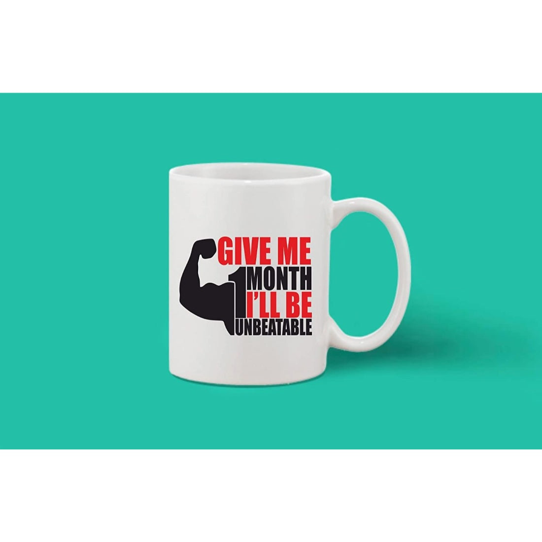 Printed ceramic coffee mug with handle in white color, featuring motivational phrase