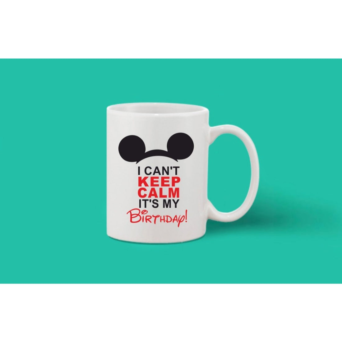 White ceramic coffee mug with a printed message and a cartoon face