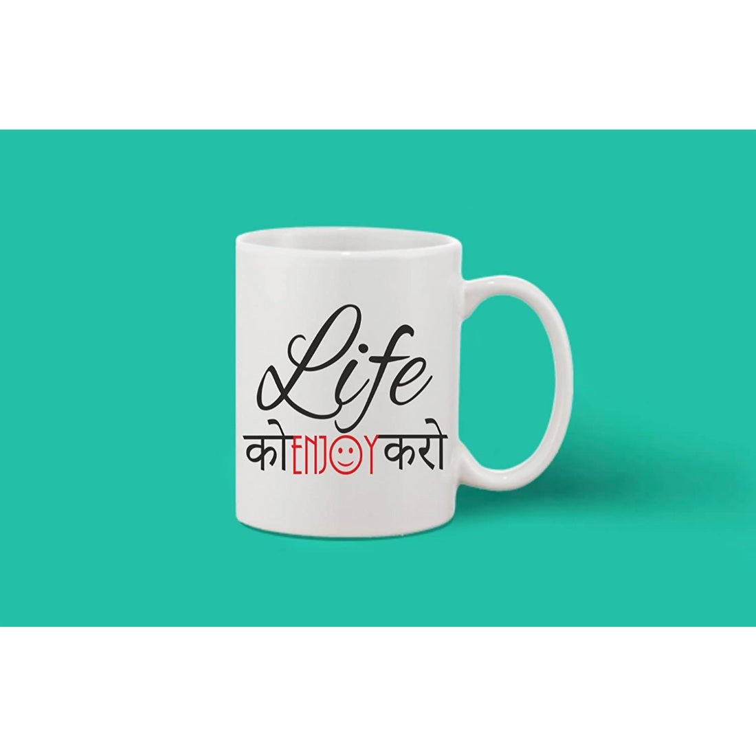 A printed white ceramic coffee mug with life and love in black letters