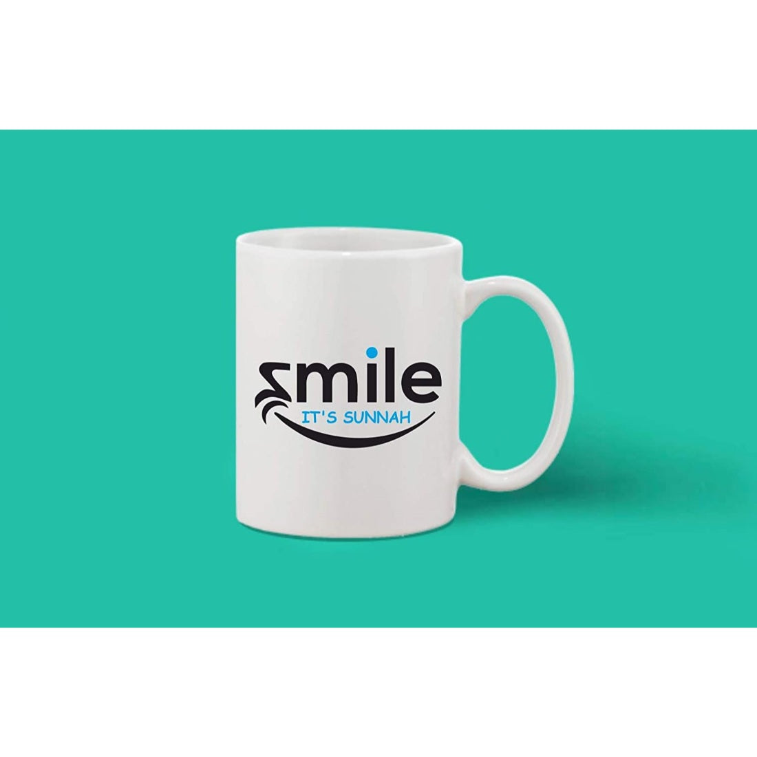 A printed white ceramic coffee mug with a handle
