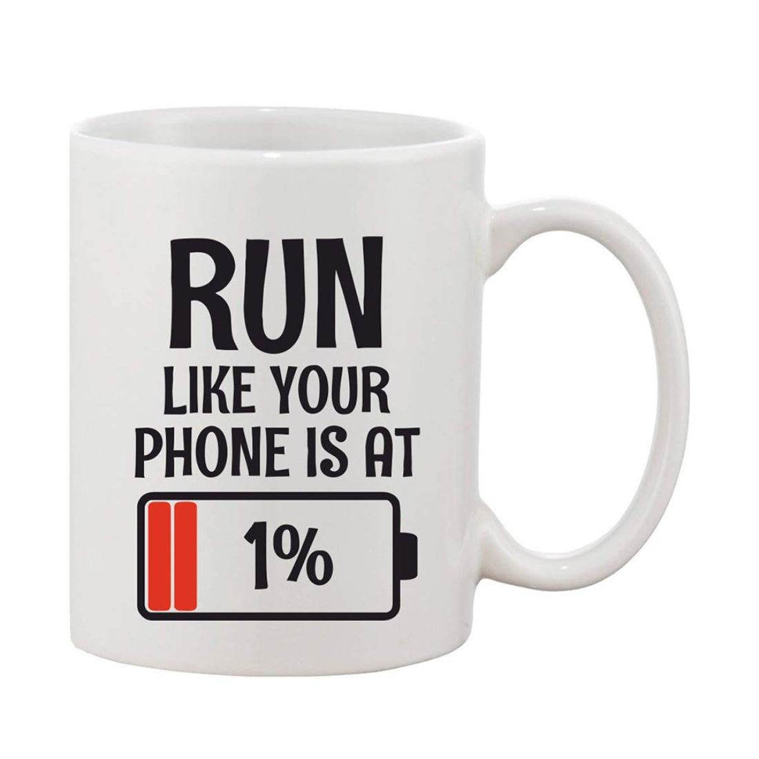 Black and white coffee mug with a battery and phone icon print