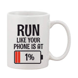 Black and white coffee mug with a battery and phone icon print