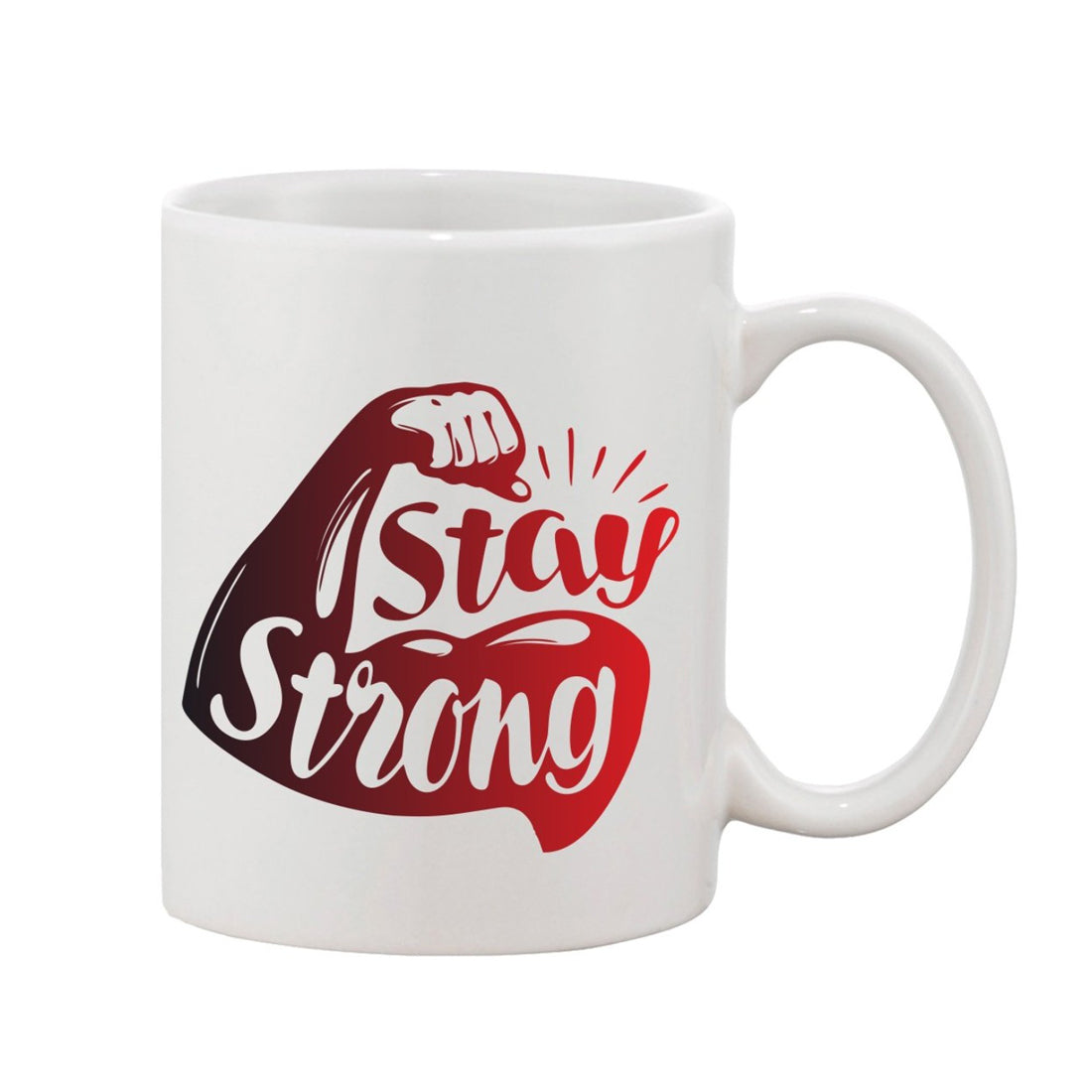 Coffee mug with printed graphic, stay strong slogan, and 11 oz size in white