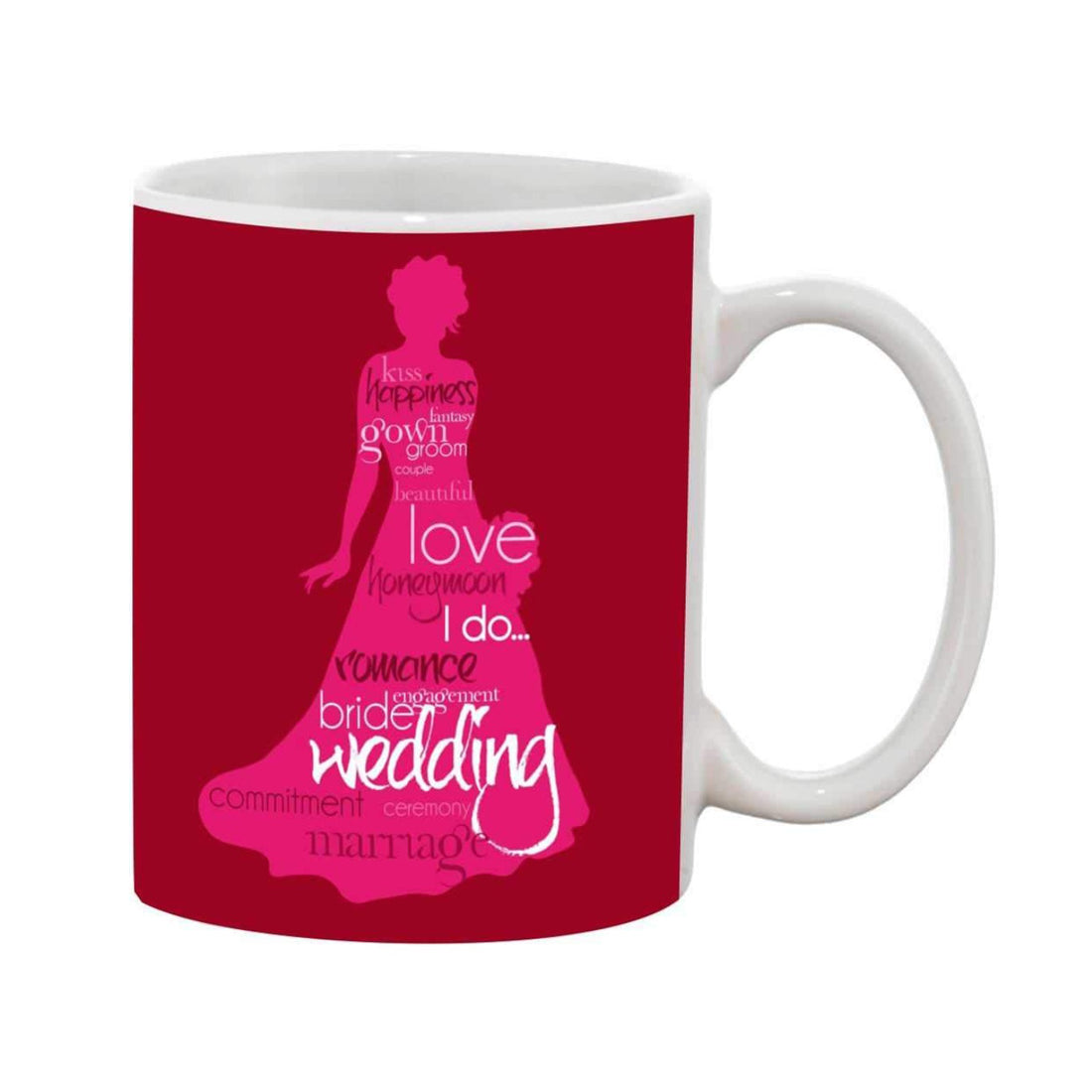 White ceramic coffee mug with a printed graphic and a handle, featuring a woman in a wedding dress, red text, and the phrase 'Love Wedding' with various related words and phrases
