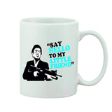 A white ceramic coffee mug with a printed graphic and text