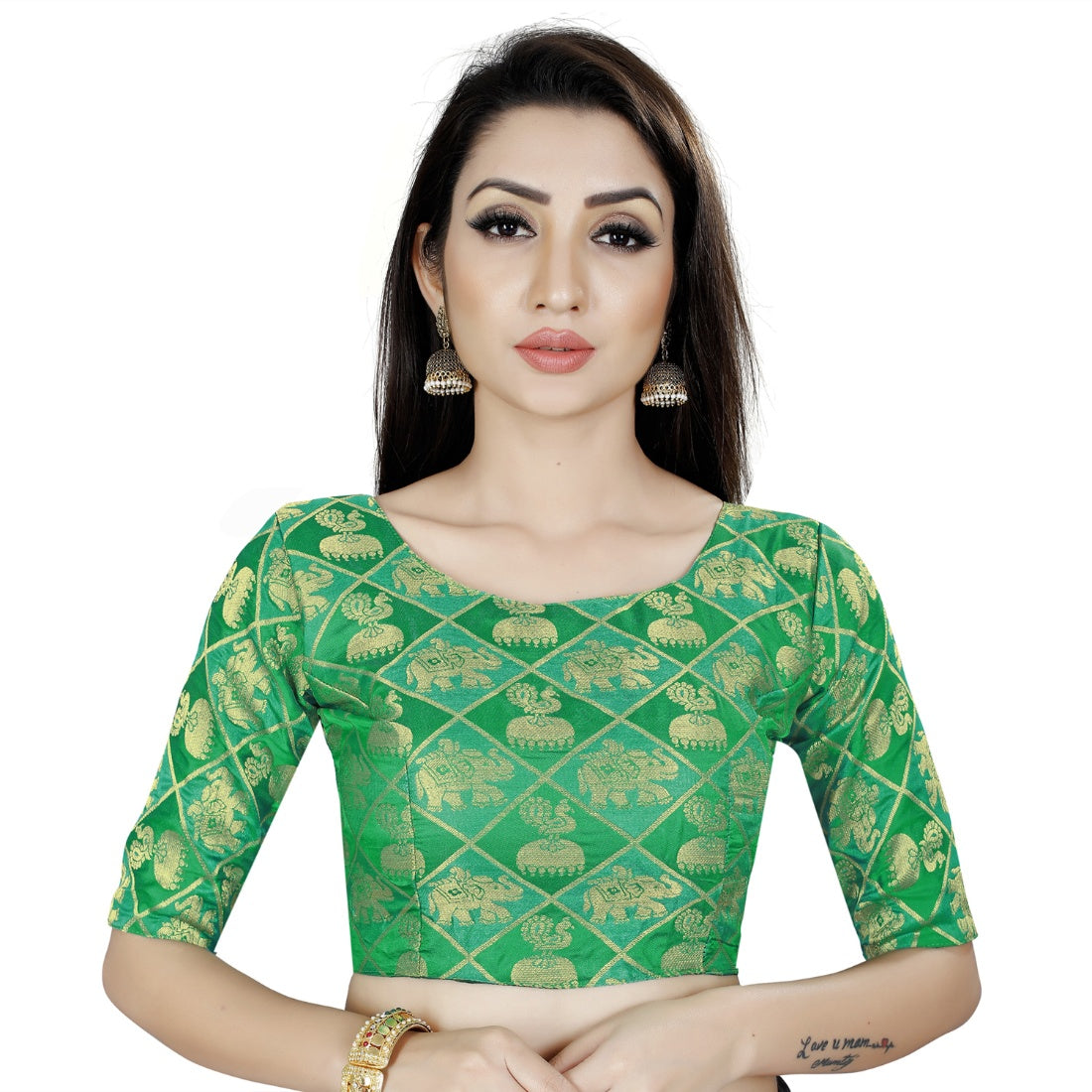 Green brocade inner-cotton padded blouse for women - stylish full stitch design