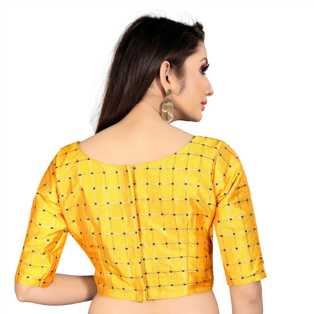 Yellow brocade inner-cotton padded blouse for women - full stitch detailing