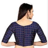 Women's Brocade, Inner-Cotton Full Stitched Padded Blouse (Navy Blue ) - GillKart
