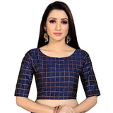 Women's Brocade, Inner-Cotton Full Stitched Padded Blouse (Navy Blue ) - GillKart