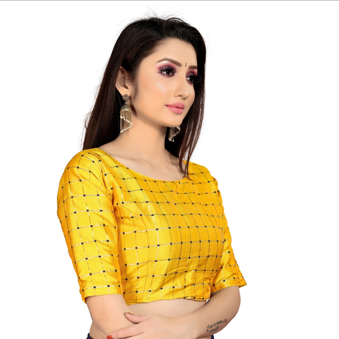 Yellow brocade inner-cotton padded blouse for women, full stitch detailing