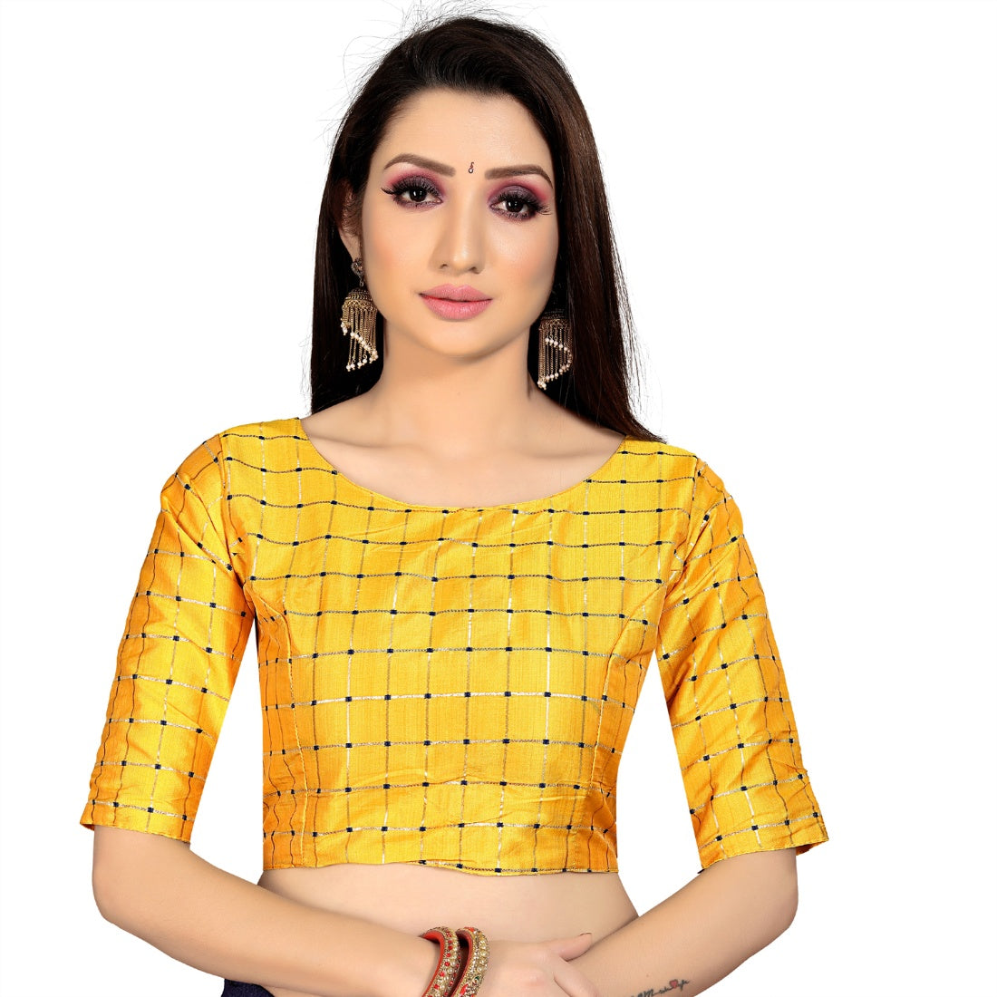 Yellow brocade padded inner-cotton blouse for women