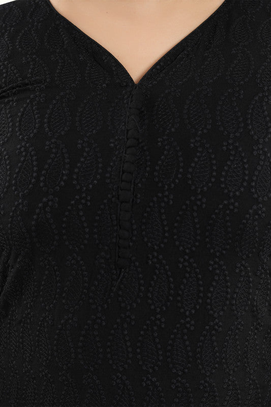 Black rayon embroidered straight kurti for women, 3/4 sleeve, casual and party wear