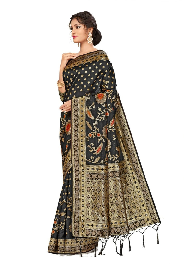 Women's Banarasi Silk Saree (Black, 5-6mtrs) - GillKart