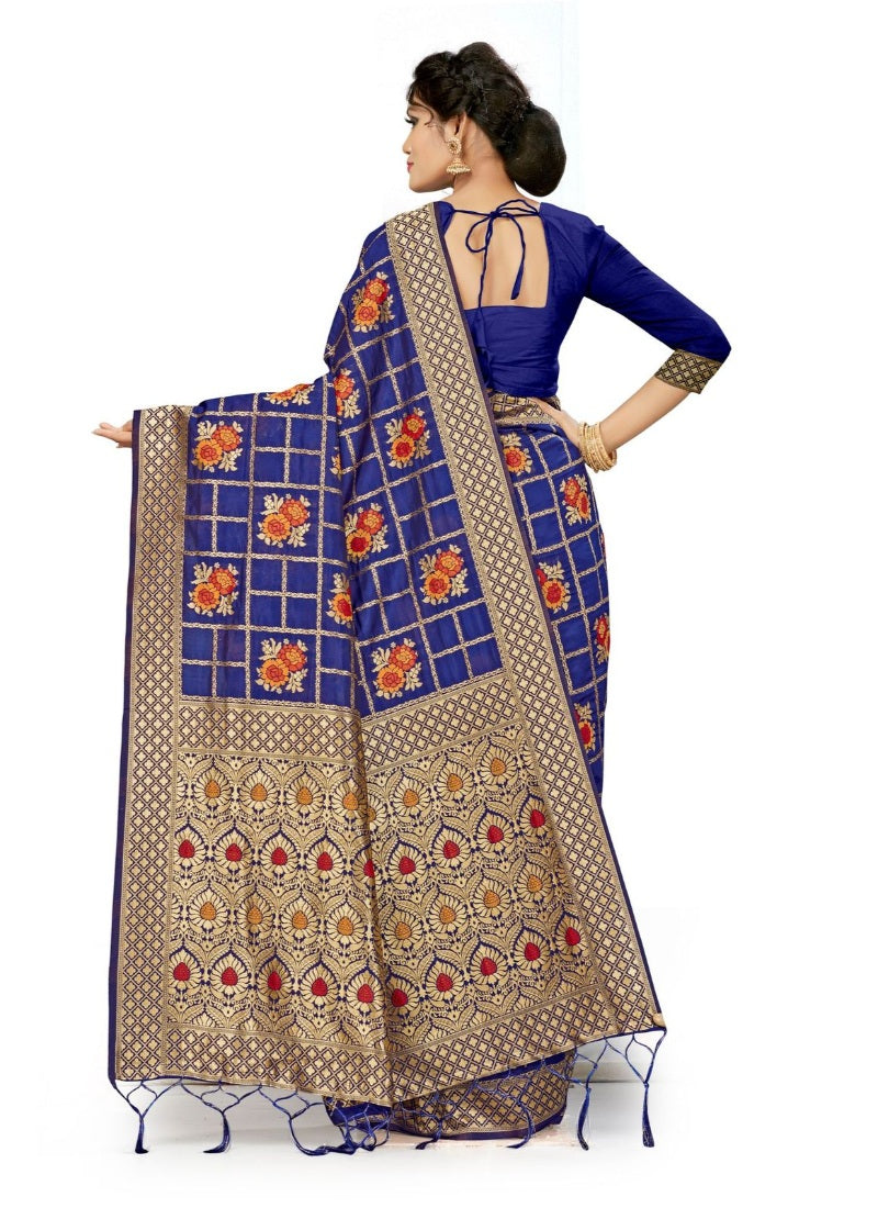 Women's Banarasi Silk Saree (Navy blue, 5-6mtrs) - GillKart