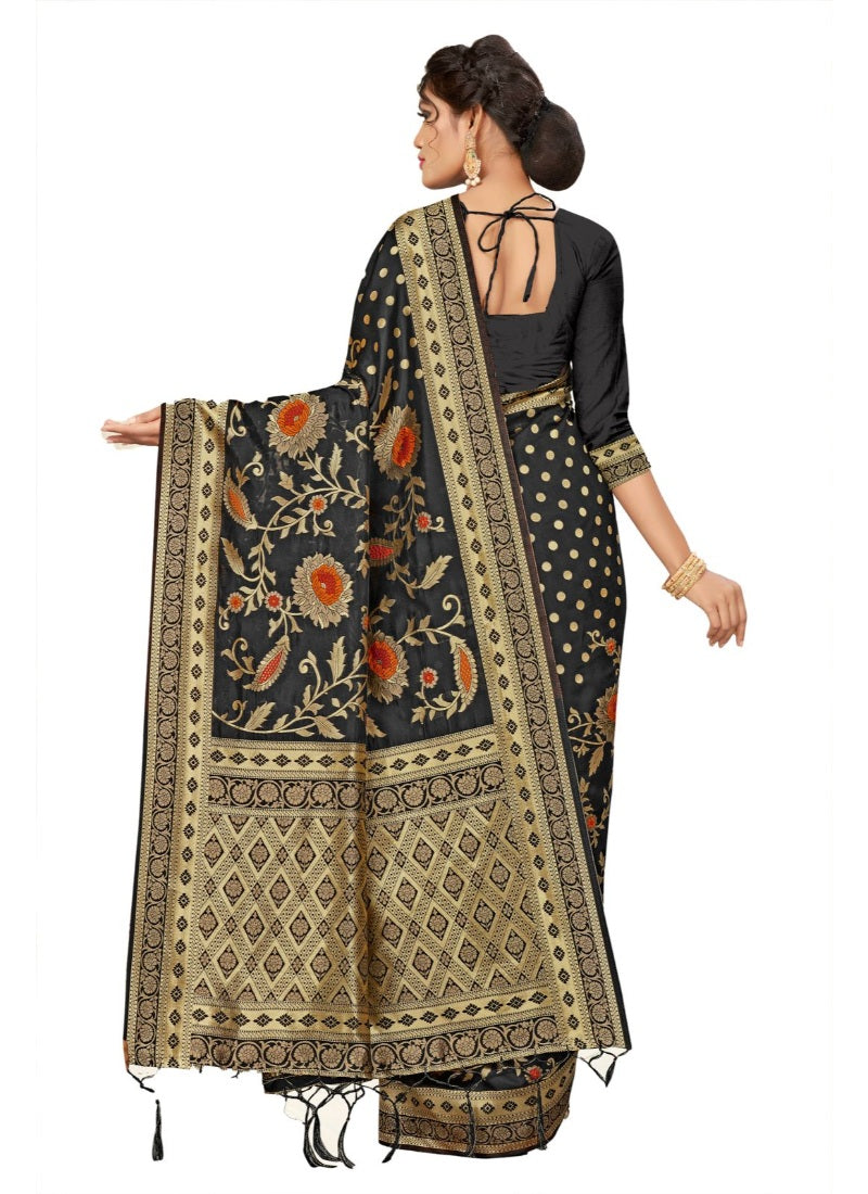Women's Banarasi Silk Saree (Black, 5-6mtrs) - GillKart