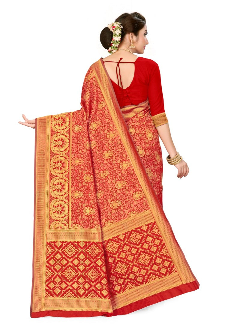 Women's Banarasi Silk Saree (Red, 5-6mtrs) - GillKart
