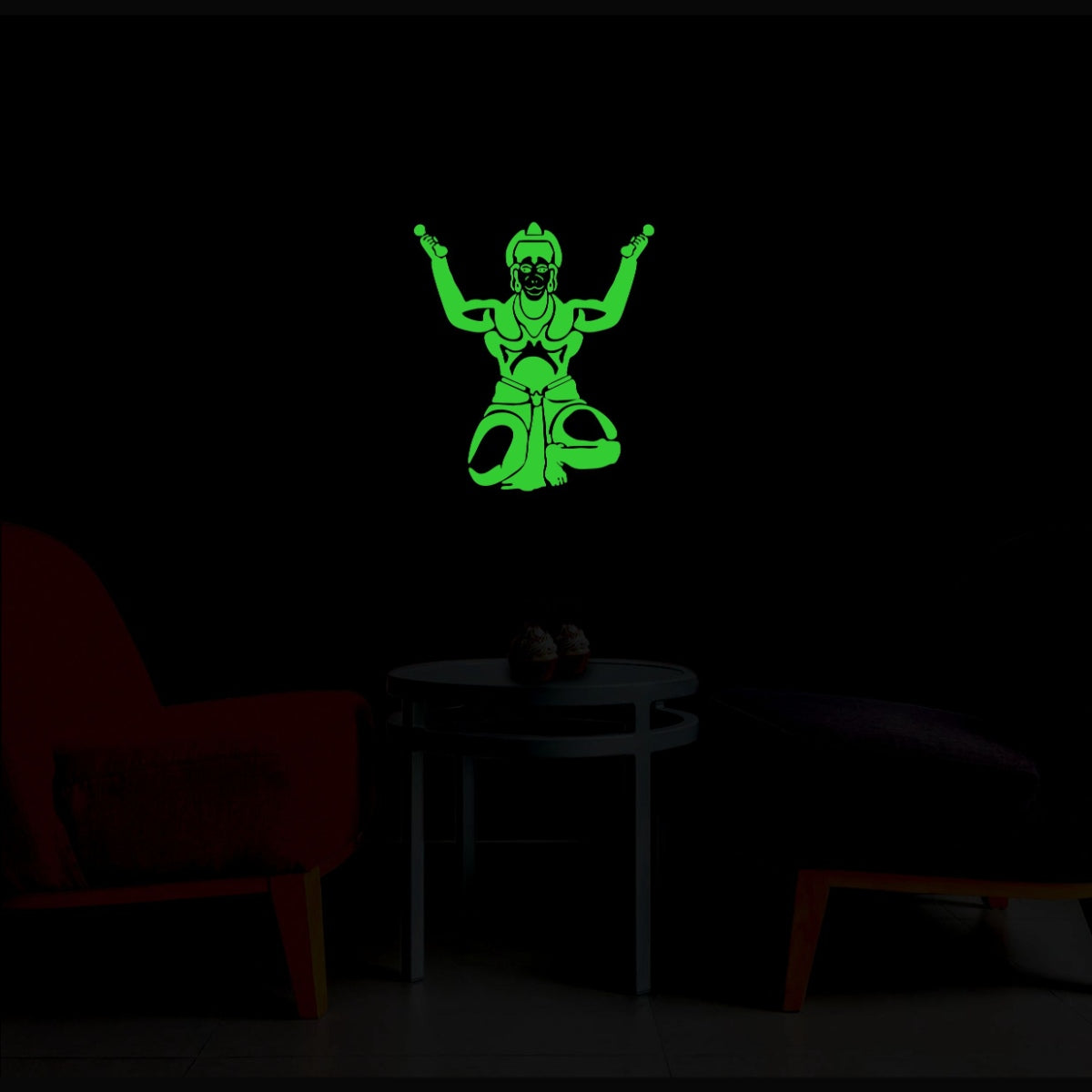 Green vinyl Hanuman Ji radium wall sticker, peel-and-stick design for calming decor, size: 27x31cm
