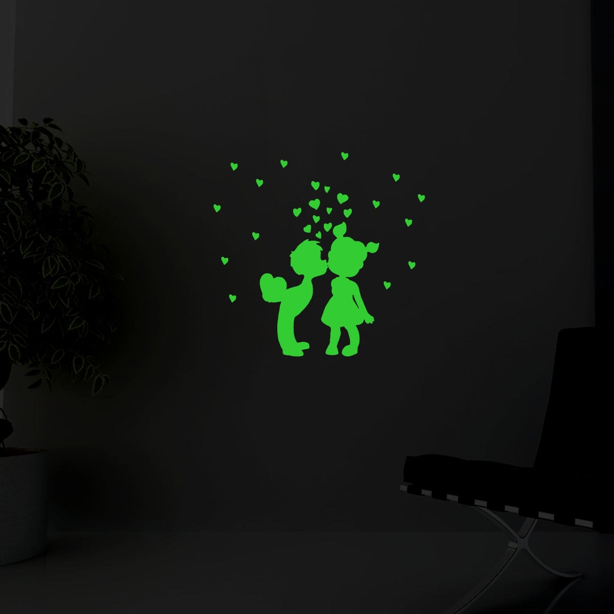 Green vinyl peel-and-stick galaxy wall decal, 43x42cm size. Relaxing and calming green star design for darkened spaces