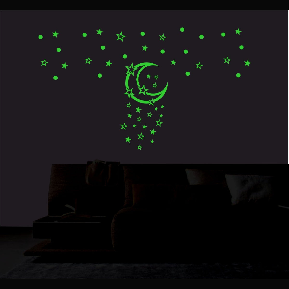 Green vinyl galaxy wall sticker with moon, peel-and-stick, size 119x68cm. Relaxing decor for a calming bedroom environment